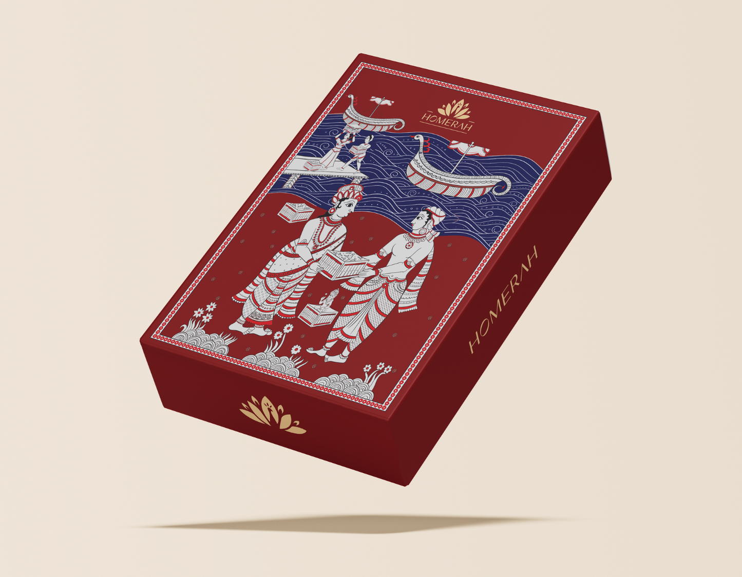 Homerah Joyous Collection In Kalamkari Sea Trade Gift Box - Set of 3 - ARAKU COFFEE MUSEUM (Coffee & Caramel) Fine Room Parfum x1 with SATTVA (Lemongrass) x1 & ANANDA (Honey & Rose) Scented Soy Wax Luxury Candles