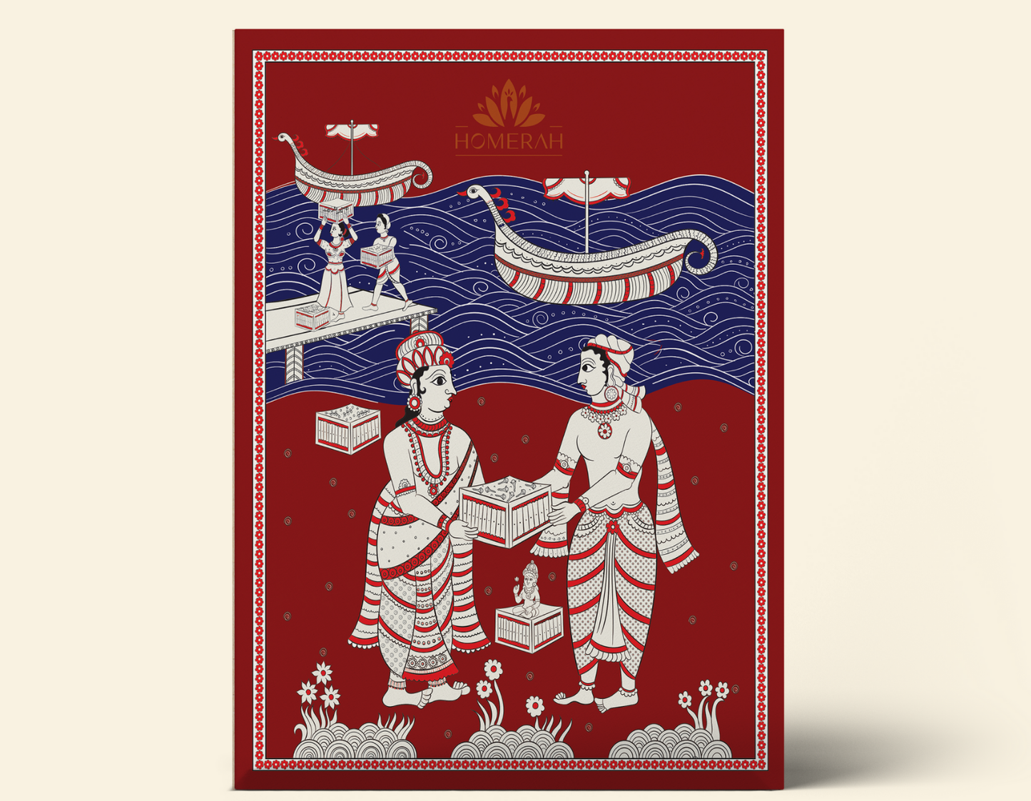 Homerah Divine Essence Collection In Kalamkari Sea Trade Gift Box - Set of 3 - DWARKA ADHEESH (Sandalwood & Saffron) Fine Room Parfum x1 with PAVITRA (Eucalyptus) x1 & SATTVA (Lemongrass) Scented Soy Wax Luxury Candles