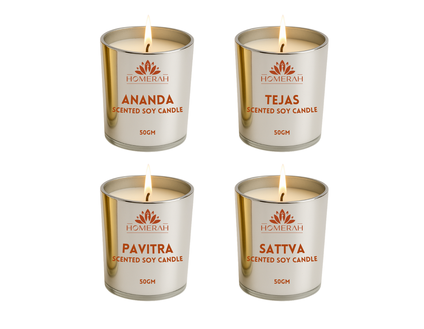 Homerah Light & Legacy Collection In Kalamkari Sea Trade Gift Box - Set of 4 Assorted Scented Soy Wax Luxury Candles - SATTVA (Lemongrass) x1, PAVITRA (Eucalyptus) x1 , TEJAS (Spices of India) x1, ANANDA (Honey & Rose) x1