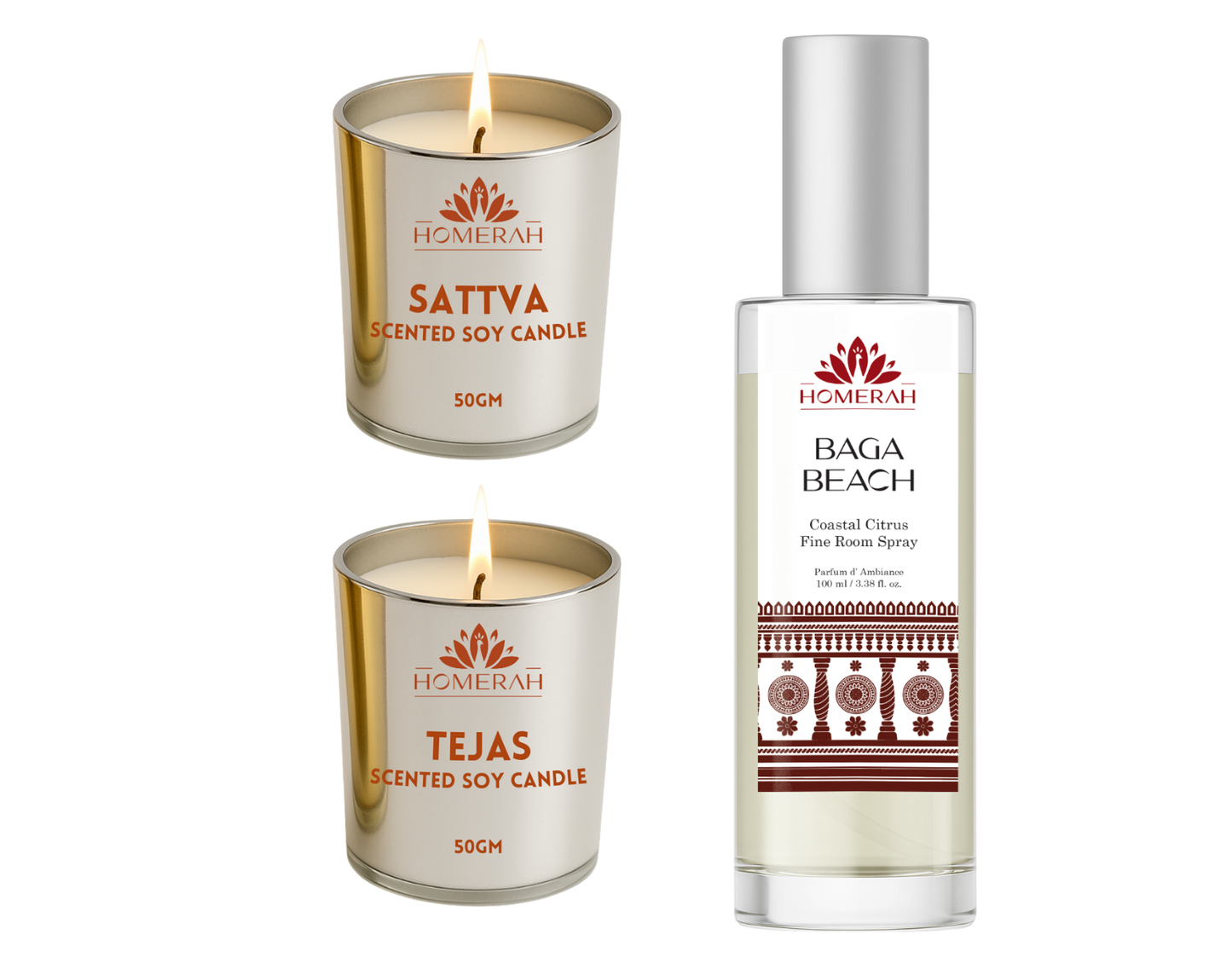 Homerah Lights & Shores Collection In Gond Tiger Gift Box - Set of 3 - BAGA BEACH (Coastal Citrus) Fine Room Parfum x1 with SATTVA (Lemongrass) x1 TEJAS (Spices of India) Scented Soy Wax Luxury Candles