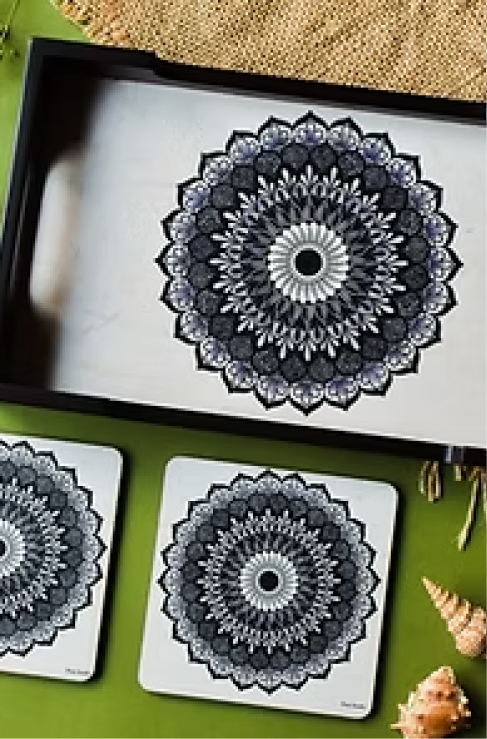 Decorative Mandala Handmade Paper Texture Wooden Serving Tray and Table Coaster
