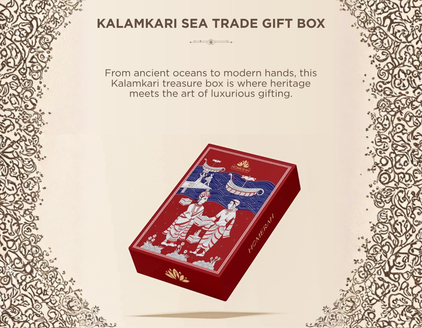 Homerah Divine Essence Collection In Kalamkari Sea Trade Gift Box - Set of 3 - (Sandalwood & Saffron) Fine Room Parfum x1 with PAVITRA (Eucalyptus) x1 & SATTVA (Lemongrass) Scented Soy Wax Luxury Candles