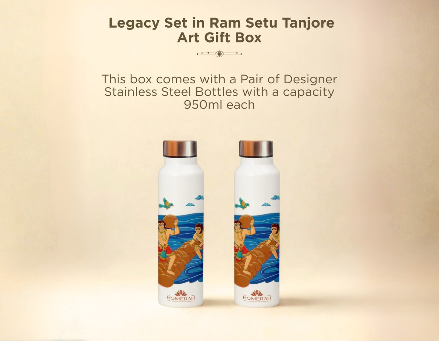 Homerah Epic Collection in Tanjore Ram Setu Gift Box - Set of 2 - Designer Stainless Steel Bottles x2