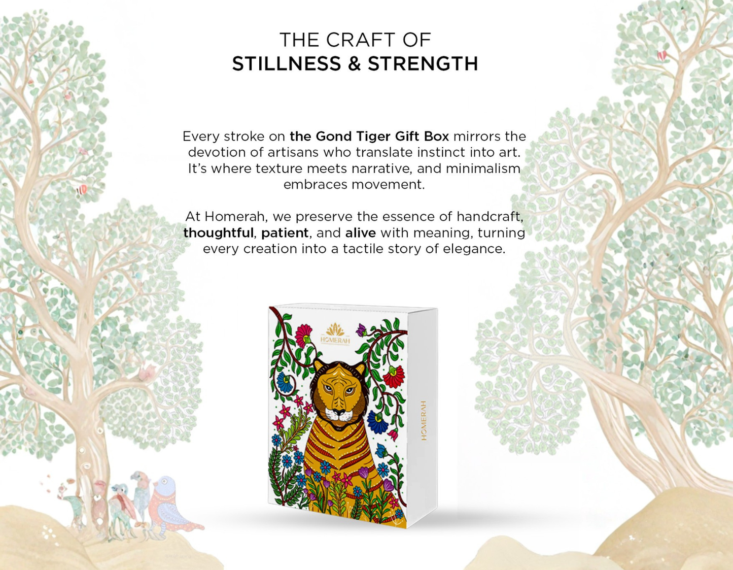 Homerah Coastal Essence in Gond Tiger Gift Box - Set of 3 - HAVELOCK ISLAND (White Sand & Wild Flora) Fine Room Parfum x1 with TEJAS (Spices of India) x1, ANANDA (Honey & Rose) Scented Soy Wax Luxury Candles