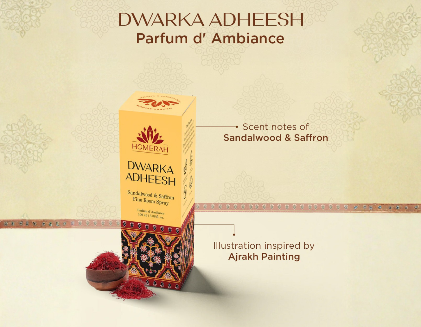 Homerah Luxury Room Spray (Parfum d' Ambiance) - Dwarka Adheesh - Sandalwood & Saffron (100ml)