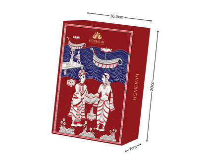 Homerah Divine Essence Collection In Kalamkari Sea Trade Gift Box - Set of 3 - (Sandalwood & Saffron) Fine Room Parfum x1 with PAVITRA (Eucalyptus) x1 & SATTVA (Lemongrass) Scented Soy Wax Luxury Candles