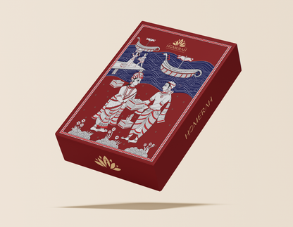 Homerah Joyous Collection In Kalamkari Sea Trade Gift Box - Set of 3 - ARAKU COFFEE MUSEUM (Coffee & Caramel) Fine Room Parfum x1 with SATTVA (Lemongrass) x1 & ANANDA (Honey & Rose) Scented Soy Wax Luxury Candles