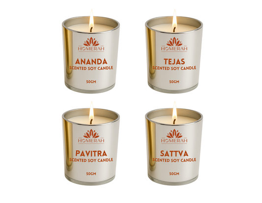 Homerah Light & Legacy Collection In Kalamkari Sea Trade Gift Box - Set of 4 Assorted Scented Soy Wax Luxury Candles - SATTVA (Lemongrass) x1, PAVITRA (Eucalyptus) x1 , TEJAS (Spices of India) x1, ANANDA (Honey & Rose) x1
