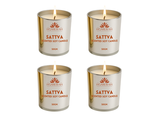 Homerah Light & Legacy Collection In Kalamkari Sea Trade Gift Box - Set of 4 Scented Soy Wax Luxury Candles - SATTVA (Lemongrass) x4
