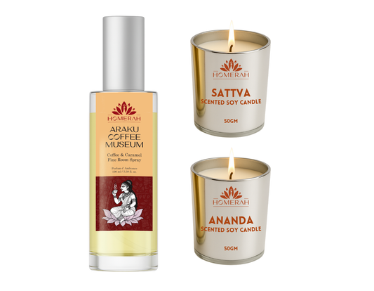 Homerah Joyous Collection In Kalamkari Sea Trade Gift Box - Set of 3 - ARAKU COFFEE MUSEUM (Coffee & Caramel) Fine Room Parfum x1 with SATTVA (Lemongrass) x1 & ANANDA (Honey & Rose) Scented Soy Wax Luxury Candles
