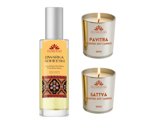 Homerah Divine Essence Collection In Kalamkari Sea Trade Gift Box - Set of 3 - DWARKA ADHEESH (Sandalwood & Saffron) Fine Room Parfum x1 with PAVITRA (Eucalyptus) x1 & SATTVA (Lemongrass) Scented Soy Wax Luxury Candles
