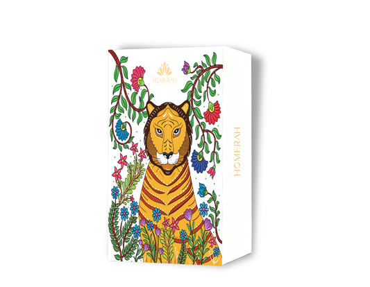 Homerah Beach & Hill Collection In Gond Tiger Gift Box - Set of 2 Fine Room Parfums - ARAKU COFFEE MUSEUM (Coffee & Caramel) x1, HAVELOCK ISLAND (White Sand & Wild Flora) x1