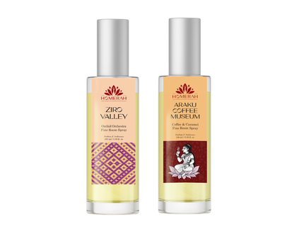 Homerah Valley Collection In Gond Tiger Gift Box - Set of 2 Fine Room Parfums - ZIRO VALLEY (Orchid Orchestra) x1, ARAKU COFFEE MUSEUM (Coffee & Caramel) x1