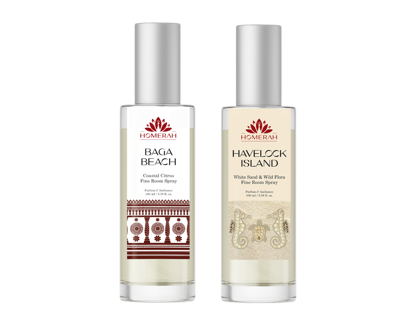 Homerah Coastal Treasure Collection In Gond Tiger Gift Box - Set of 2 Fine Room Parfums - BAGA BEACH (Costal Citrus) x1, HAVELOCK ISLAND (White Sand & Wild Flora) x1