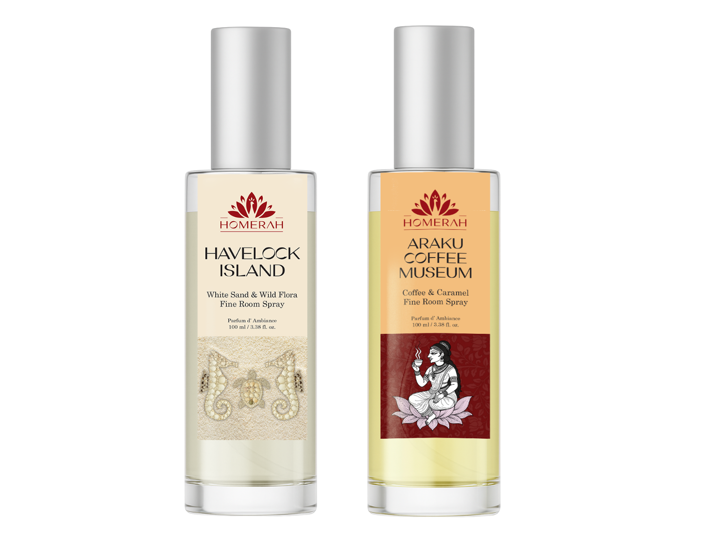 Homerah Beach & Hill Collection In Gond Tiger Gift Box - Set of 2 Fine Room Parfums - ARAKU COFFEE MUSEUM (Coffee & Caramel) x1, HAVELOCK ISLAND (White Sand & Wild Flora) x1