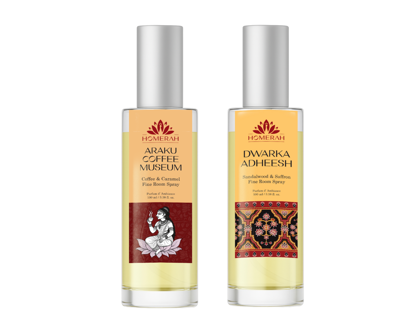 Homerah East & West Collection In Gond Tiger Gift Box - Set of 2 Fine Room Parfums - DWARKA ADHEESH (Sandalwood & Saffron) x1, ARAKU COFFEE MUSEUM (Coffee & Caramel) x1