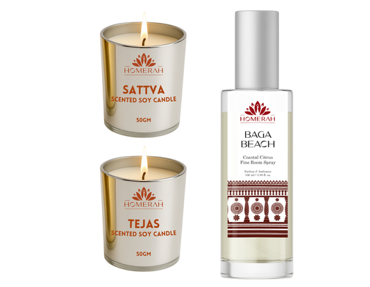 Homerah Lights & Shores Collection In Gond Tiger Gift Box - Set of 3 - BAGA BEACH (Coastal Citrus) Fine Room Parfum x1 with SATTVA (Lemongrass) x1 TEJAS (Spices of India) Scented Soy Wax Luxury Candles