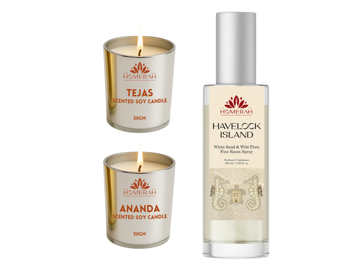 Homerah Coastal Essence in Gond Tiger Gift Box - Set of 3 - HAVELOCK ISLAND (White Sand & Wild Flora) Fine Room Parfum x1 with TEJAS (Spices of India) x1, ANANDA (Honey & Rose) Scented Soy Wax Luxury Candles