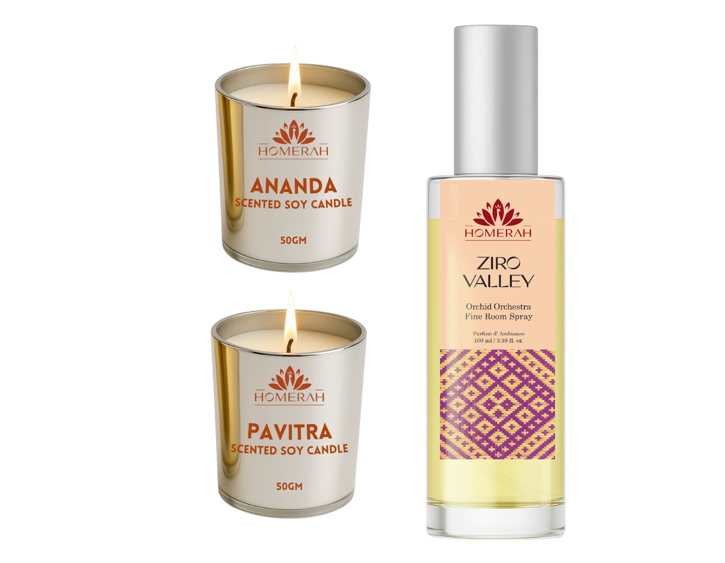 Homerah Hill Song Collection in Gond Tiger Gift Box - Set of 3 - ZIRO VALLEY (Orchid Orchestra) Fine Room Parfum x1 with ANANDA (Honey & Rose) x1, PAVITRA (Eucalyptus) Scented Soy Wax Luxury Candles