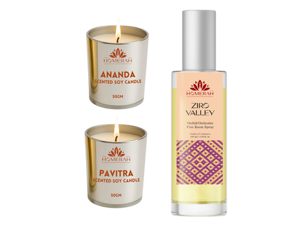 Homerah Hill Song Collection in Gond Tiger Gift Box - Set of 3 - ZIRO VALLEY (Orchid Orchestra) Fine Room Parfum x1 with ANANDA (Honey & Rose) x1, PAVITRA (Eucalyptus) Scented Soy Wax Luxury Candles