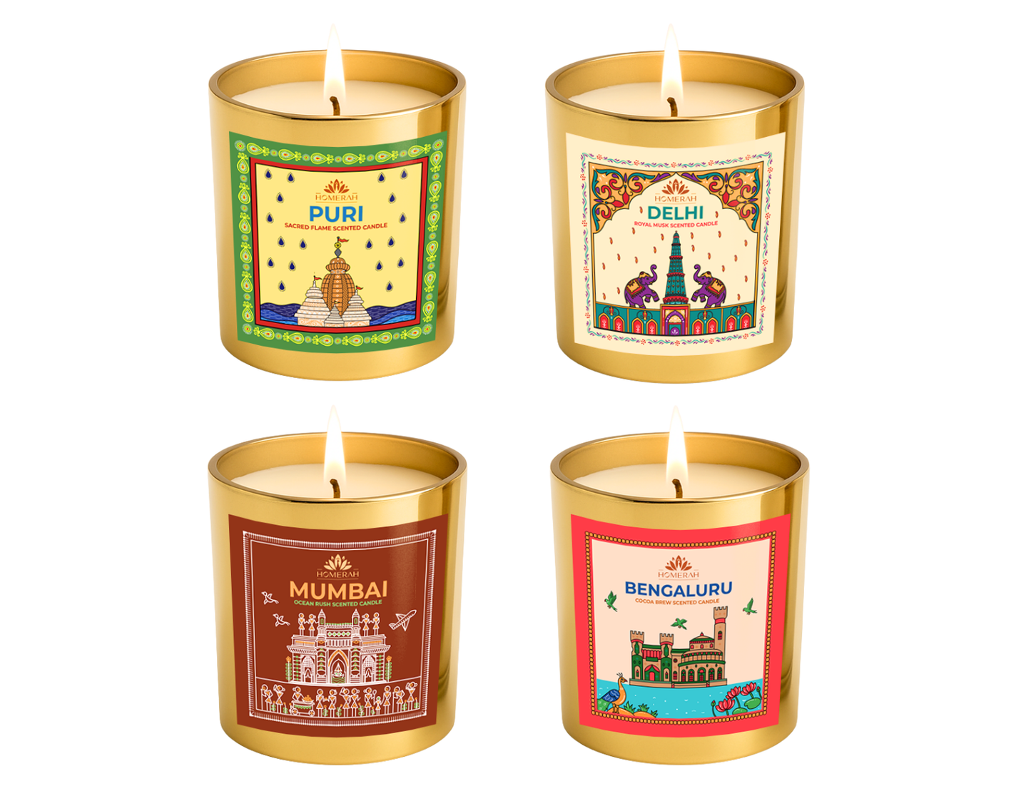 Homerah Iconic Cities of India Collection in Pattachitra Nabagunjara Exquisite Gift Box - Set of 4 Luxury Candles