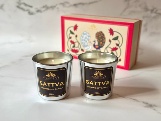 Homerah Pichwai Peacock Gift Box - Set of 2 Scented Soy Wax Luxury Candles - SATTVA (Lemongrass) x2