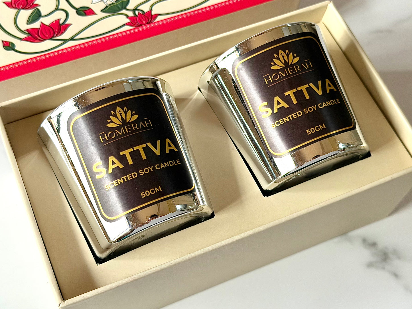 Homerah Pichwai Peacock Gift Box - Set of 2 Scented Soy Wax Luxury Candles - SATTVA (Lemongrass) x2