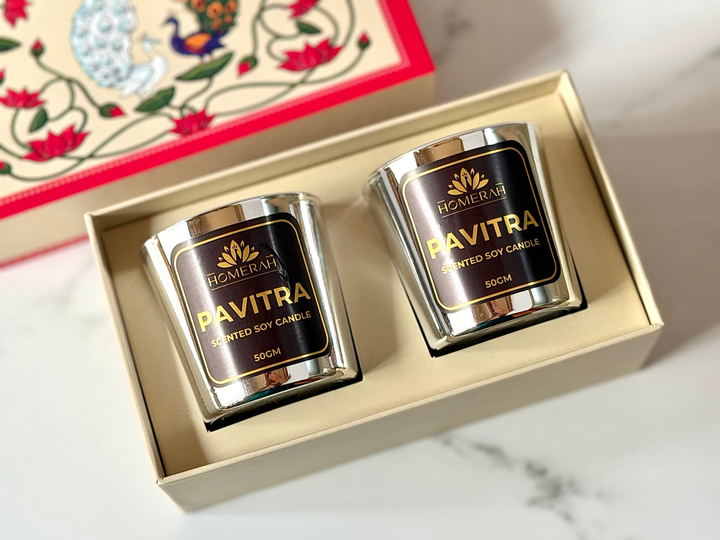 Homerah Pichwai Peacock Gift Box - Set of 2 Scented Soy Wax Luxury Candles - PAVITRA (Eucalyptus) x2