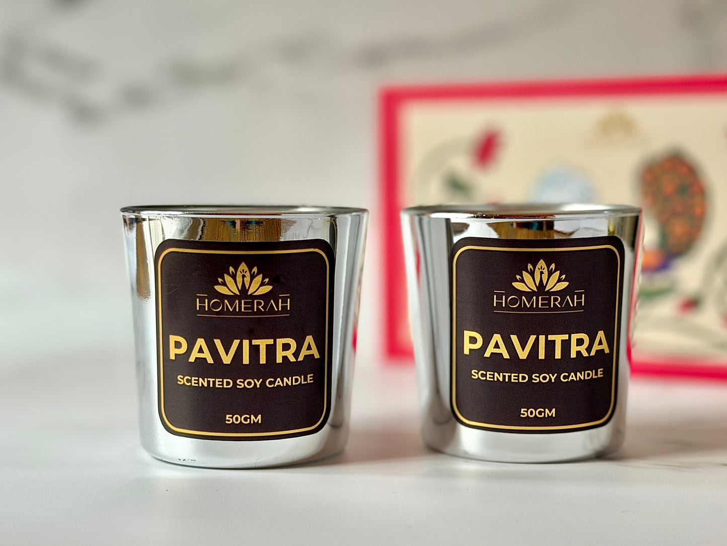 Homerah Pichwai Peacock Gift Box - Set of 2 Scented Soy Wax Luxury Candles - PAVITRA (Eucalyptus) x2