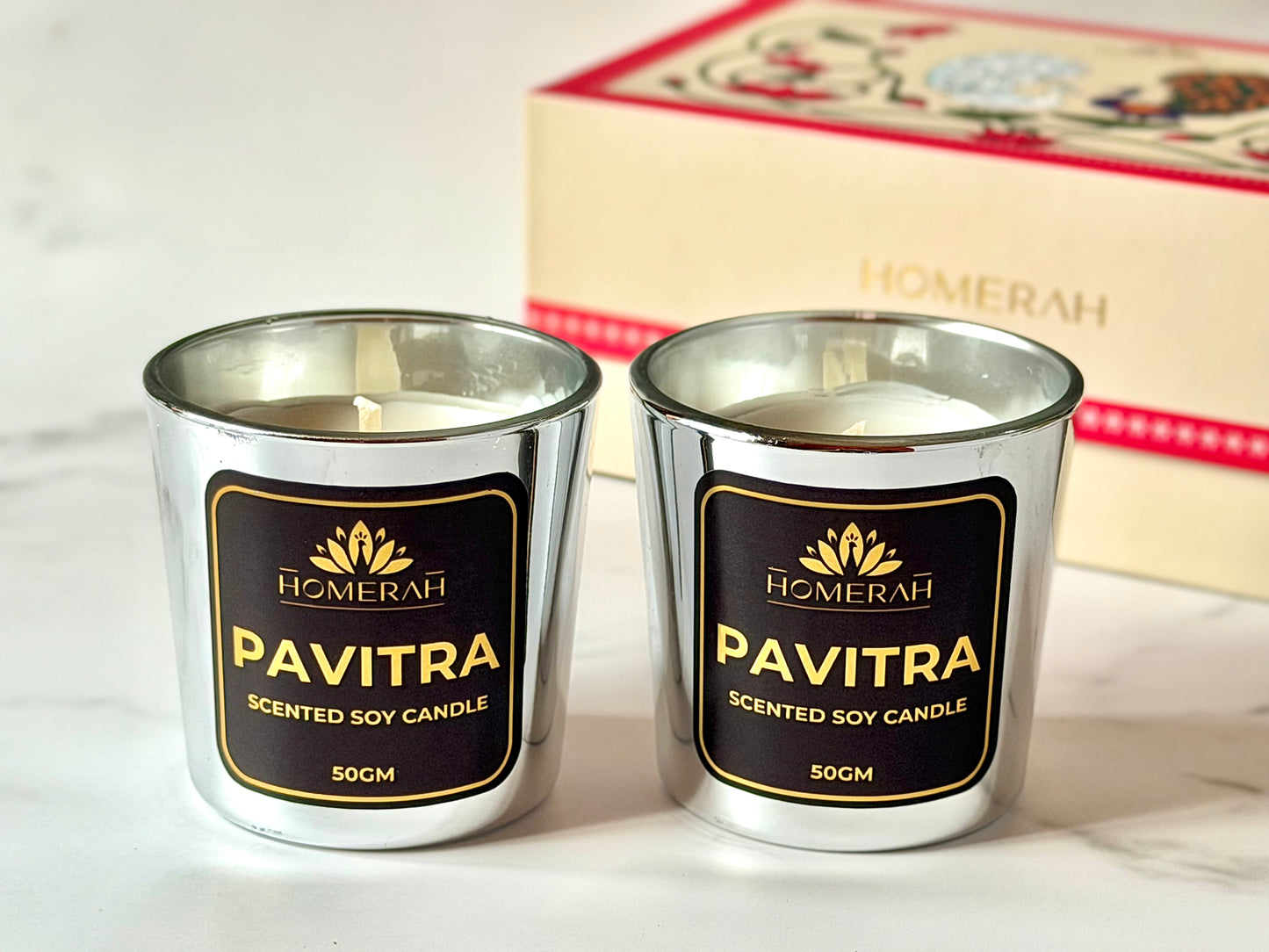 Homerah Pichwai Peacock Gift Box - Set of 2 Scented Soy Wax Luxury Candles - PAVITRA (Eucalyptus) x2