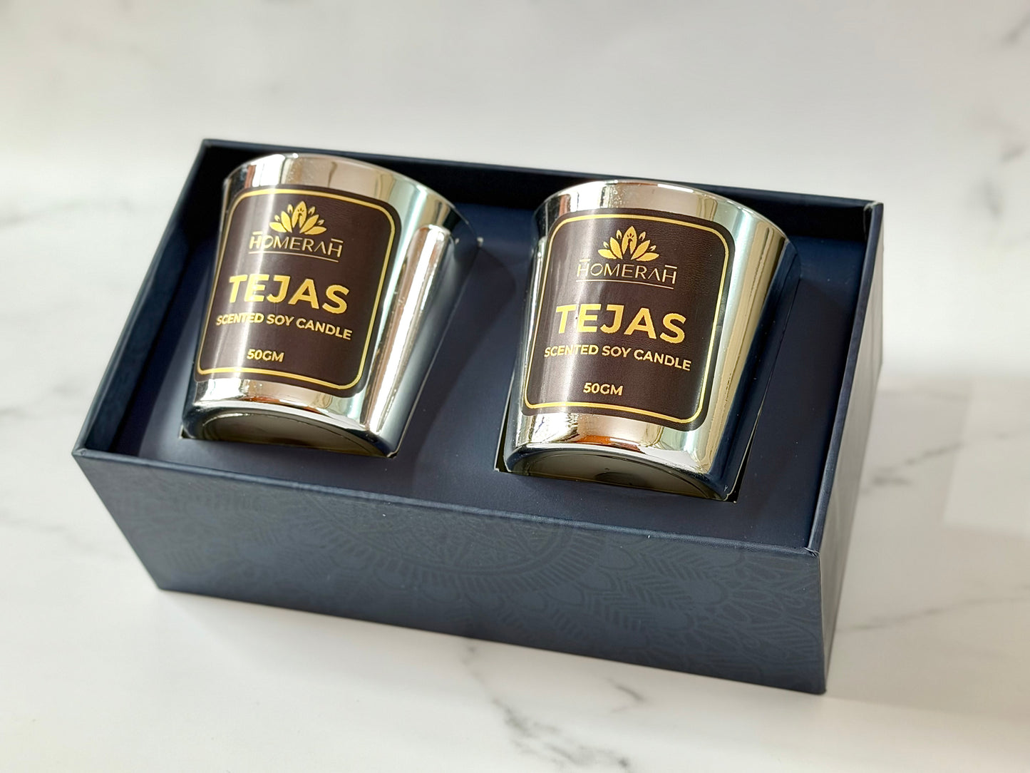 Homerah Mandala Elephant Turtle Gift Box - Set of 2 Scented Soy Wax Luxury Candles - TEJAS (Spices of India) x2