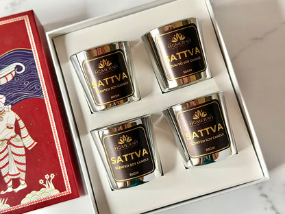 Homerah Light & Legacy Collection In Kalamkari Sea Trade Gift Box - Set of 4 Scented Soy Wax Luxury Candles - SATTVA (Lemongrass) x4