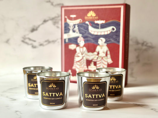 Homerah Light & Legacy Collection In Kalamkari Sea Trade Gift Box - Set of 4 Scented Soy Wax Luxury Candles - SATTVA (Lemongrass) x4