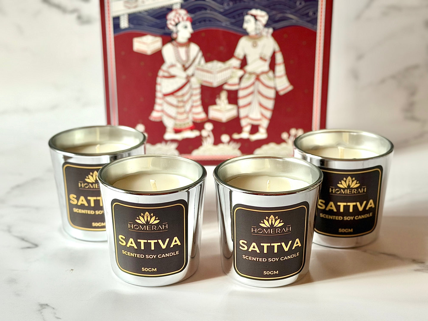Homerah Light & Legacy Collection In Kalamkari Sea Trade Gift Box - Set of 4 Scented Soy Wax Luxury Candles - SATTVA (Lemongrass) x4