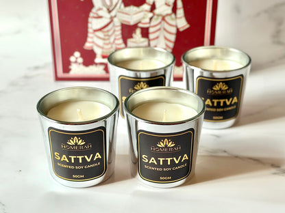 Homerah Light & Legacy Collection In Kalamkari Sea Trade Gift Box - Set of 4 Scented Soy Wax Luxury Candles - SATTVA (Lemongrass) x4