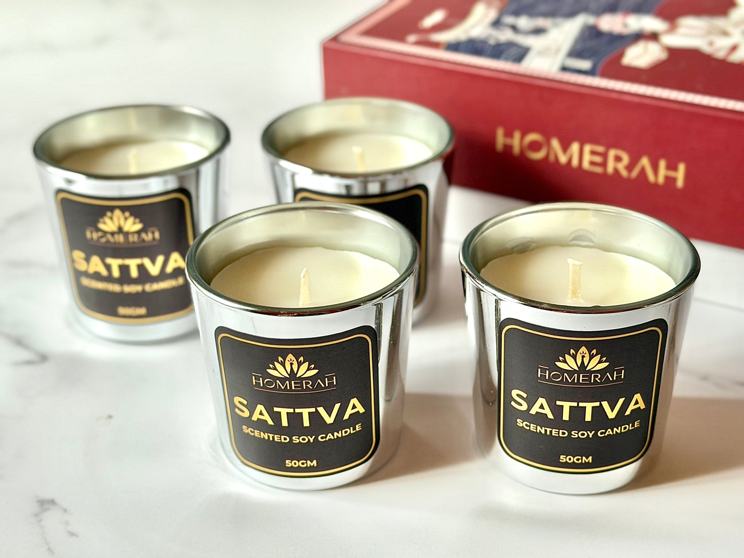 Homerah Light & Legacy Collection In Kalamkari Sea Trade Gift Box - Set of 4 Scented Soy Wax Luxury Candles - SATTVA (Lemongrass) x4