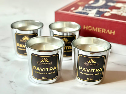 Homerah Light & Legacy Collection In Kalamkari Sea Trade Gift Box - Set of 4 Scented Soy Wax Luxury Candles - PAVITRA (Eucalyptus) x4