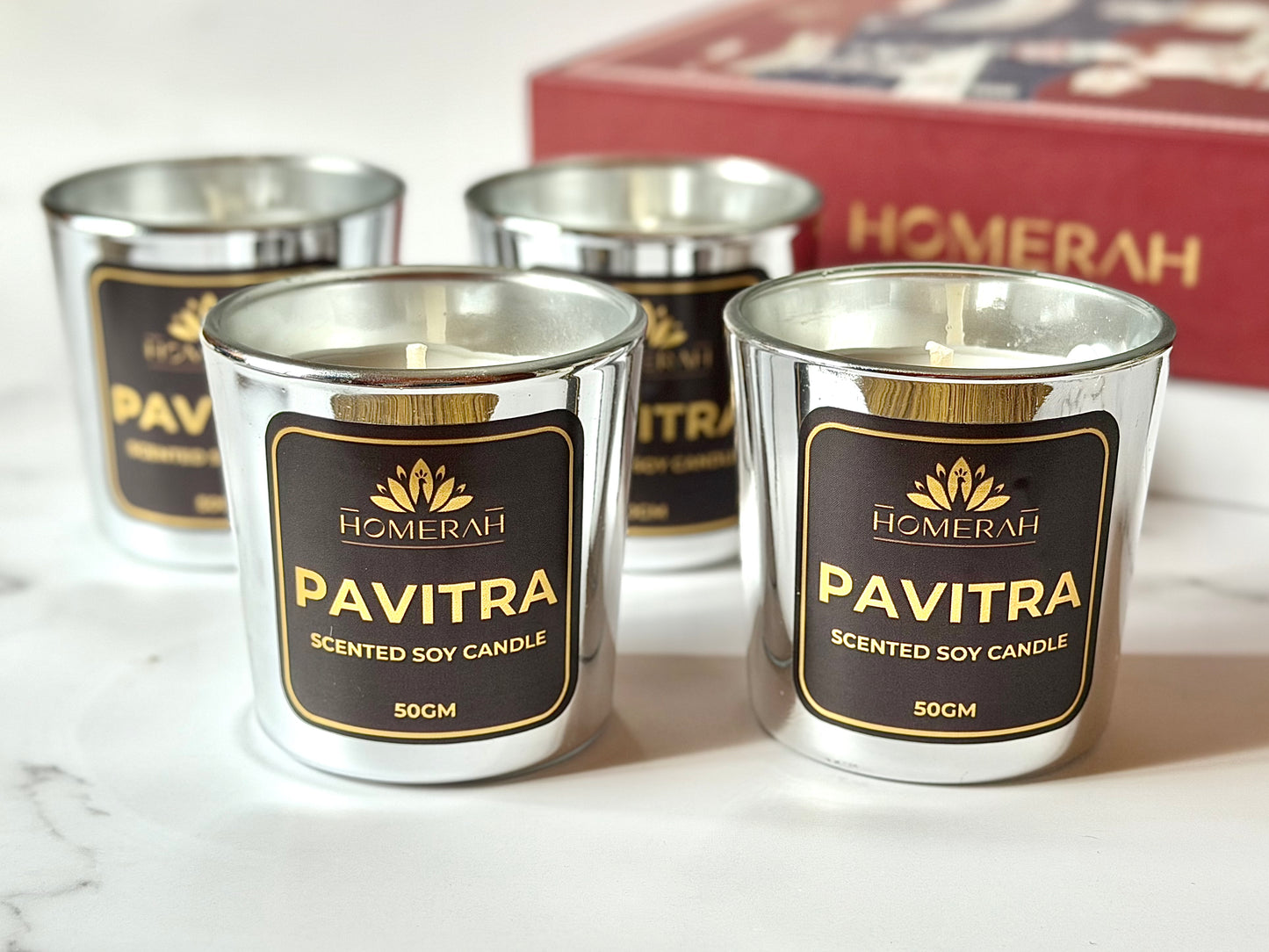 Homerah Light & Legacy Collection In Kalamkari Sea Trade Gift Box - Set of 4 Scented Soy Wax Luxury Candles - PAVITRA (Eucalyptus) x4
