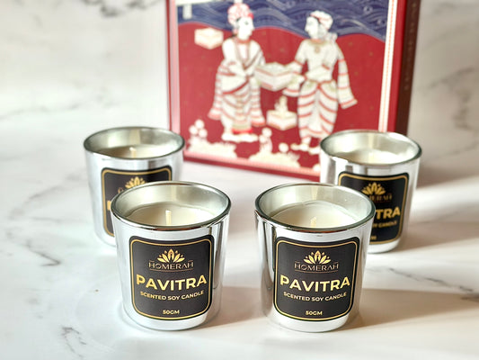 Homerah Light & Legacy Collection In Kalamkari Sea Trade Gift Box - Set of 4 Scented Soy Wax Luxury Candles - PAVITRA (Eucalyptus) x4
