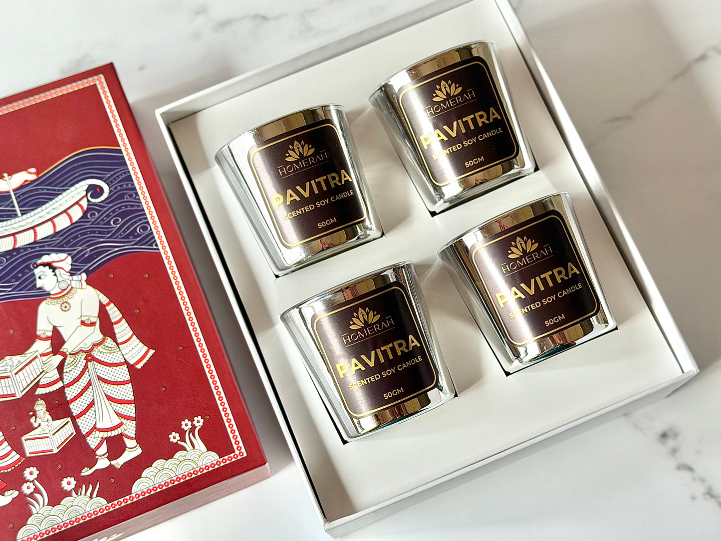Homerah Light & Legacy Collection In Kalamkari Sea Trade Gift Box - Set of 4 Scented Soy Wax Luxury Candles - PAVITRA (Eucalyptus) x4