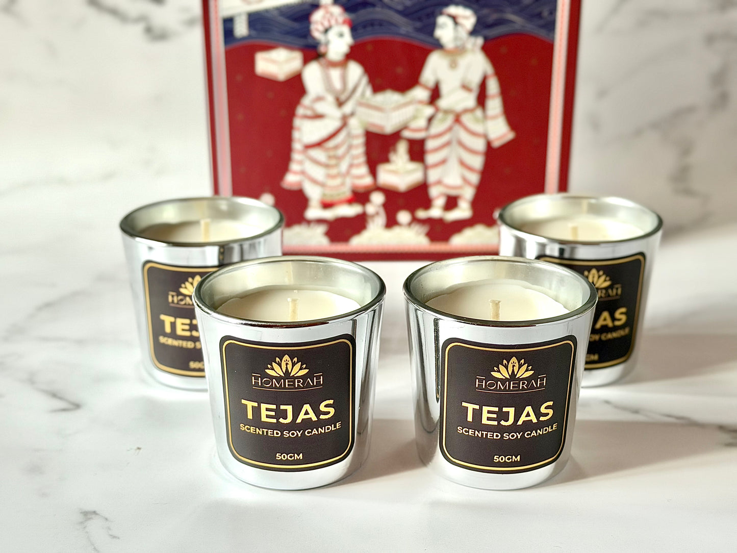 Homerah Light & Legacy Collection In Kalamkari Sea Trade Gift Box - Set of 4 Scented Soy Wax Luxury Candles - TEJAS (Spices of India) x4