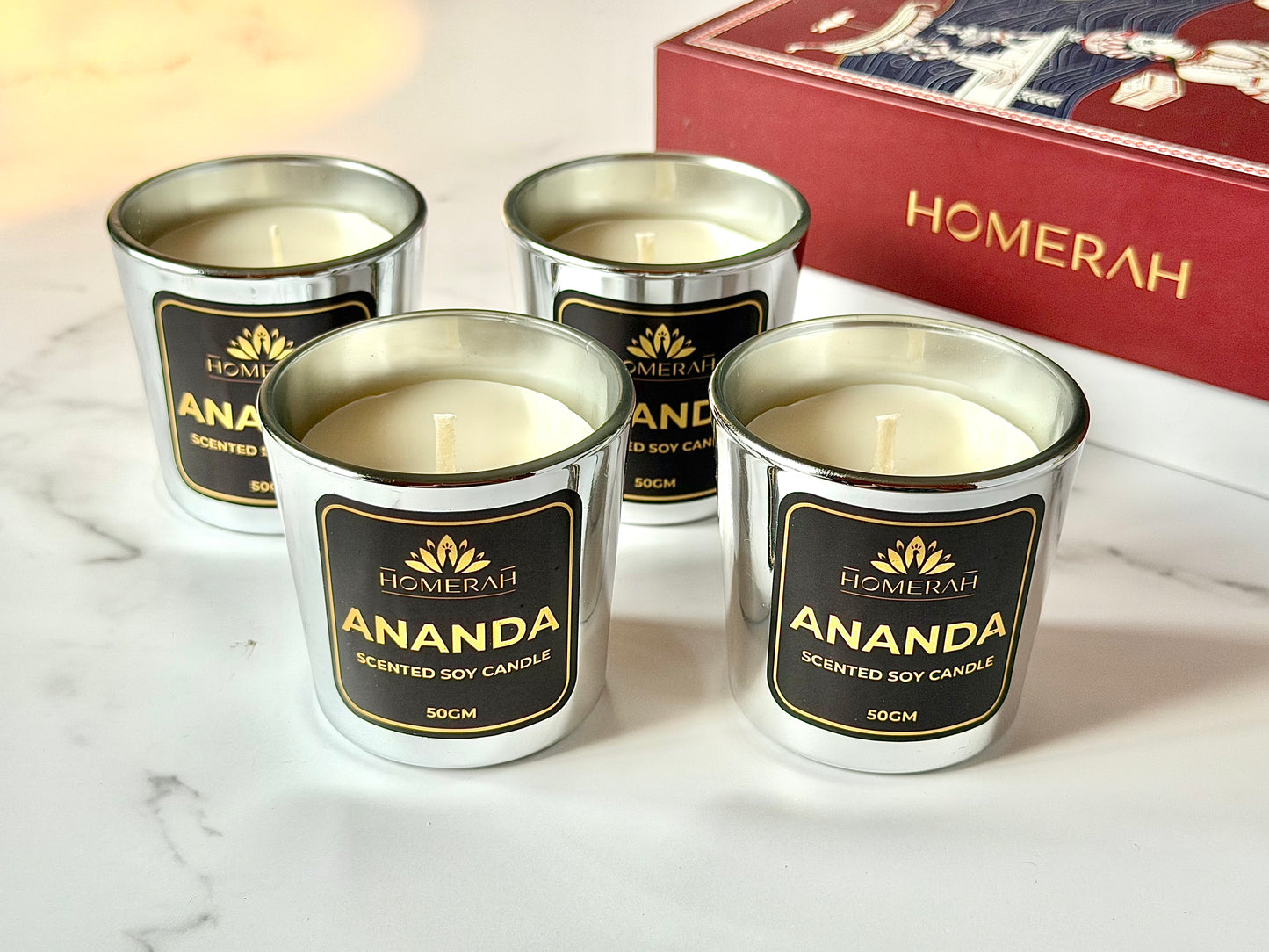 Homerah Light & Legacy Collection In Kalamkari Sea Trade Gift Box - Set of 4 Scented Soy Wax Luxury Candles - ANANDA (Honey & Rose) x4