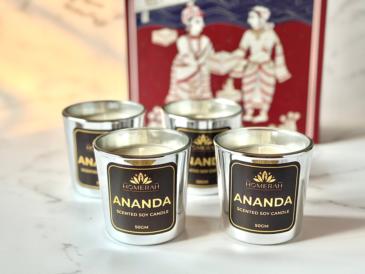Homerah Light & Legacy Collection In Kalamkari Sea Trade Gift Box - Set of 4 Scented Soy Wax Luxury Candles - ANANDA (Honey & Rose) x4