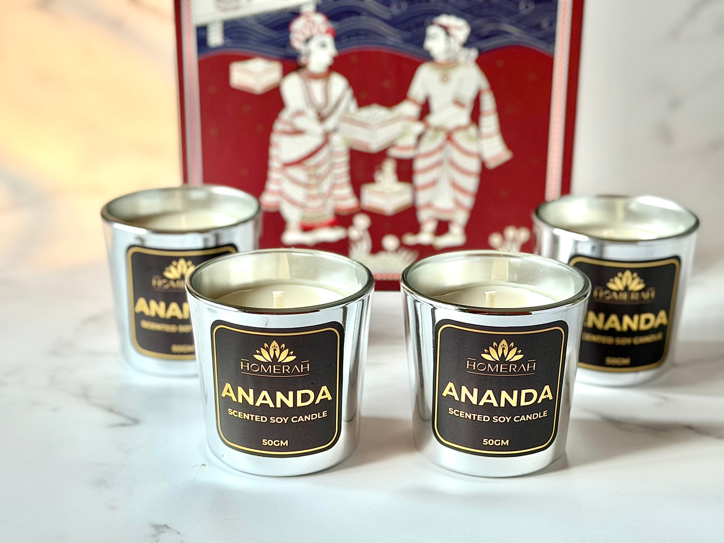 Homerah Light & Legacy Collection In Kalamkari Sea Trade Gift Box - Set of 4 Scented Soy Wax Luxury Candles - ANANDA (Honey & Rose) x4