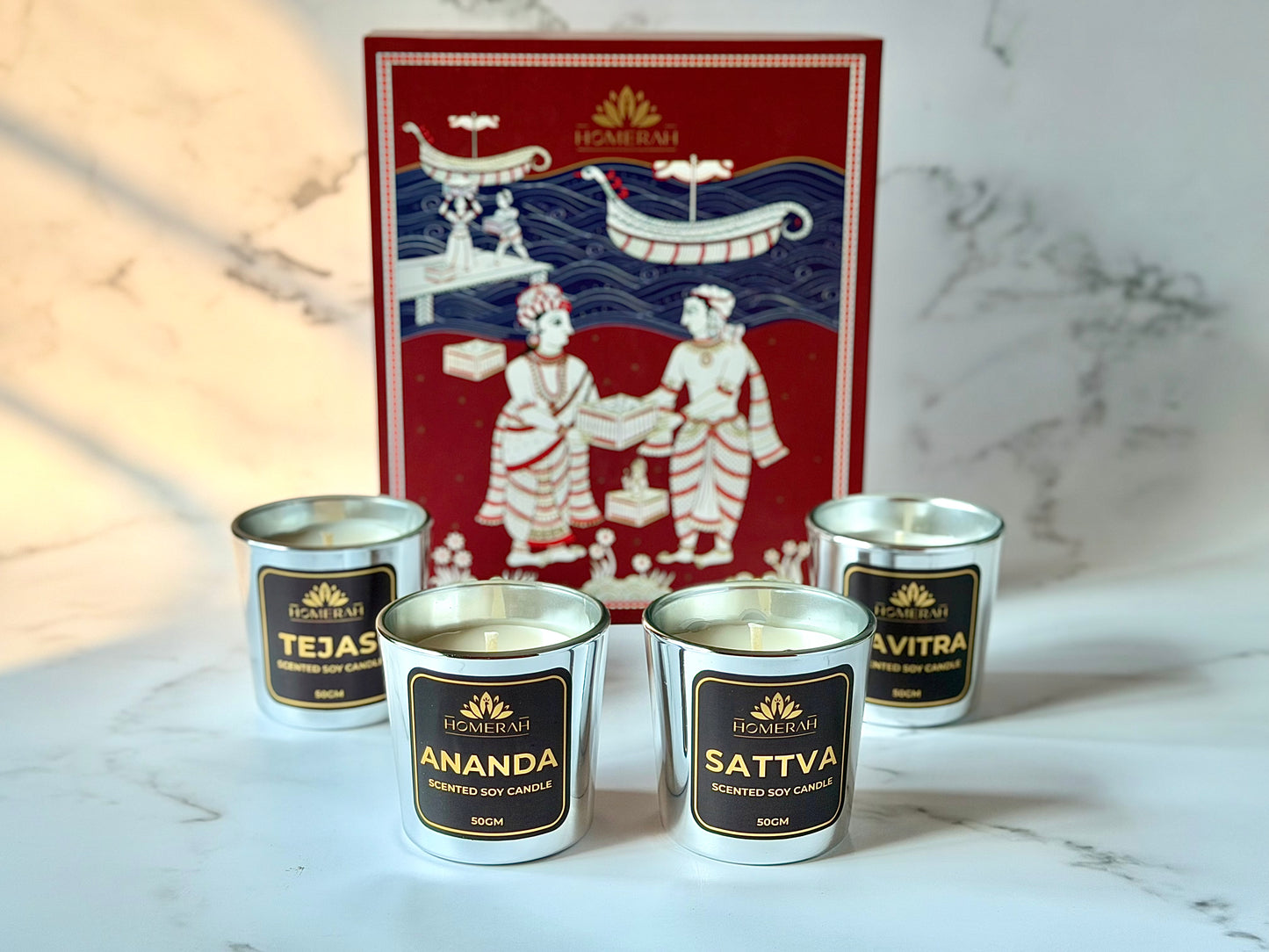 Homerah Light & Legacy Collection In Kalamkari Sea Trade Gift Box - Set of 4 Assorted Scented Soy Wax Luxury Candles - SATTVA (Lemongrass) x1, PAVITRA (Eucalyptus) x1 , TEJAS (Spices of India) x1, ANANDA (Honey & Rose) x1