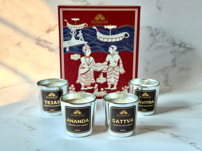 Homerah Light & Legacy Collection In Kalamkari Sea Trade Gift Box - Set of 4 Assorted Scented Soy Wax Luxury Candles - SATTVA (Lemongrass) x1, PAVITRA (Eucalyptus) x1 , TEJAS (Spices of India) x1, ANANDA (Honey & Rose) x1