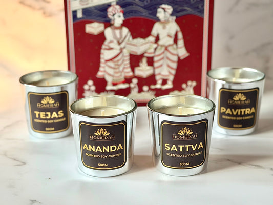 Homerah Light & Legacy Collection In Kalamkari Sea Trade Gift Box - Set of 4 Assorted Scented Soy Wax Luxury Candles - SATTVA (Lemongrass) x1, PAVITRA (Eucalyptus) x1 , TEJAS (Spices of India) x1, ANANDA (Honey & Rose) x1