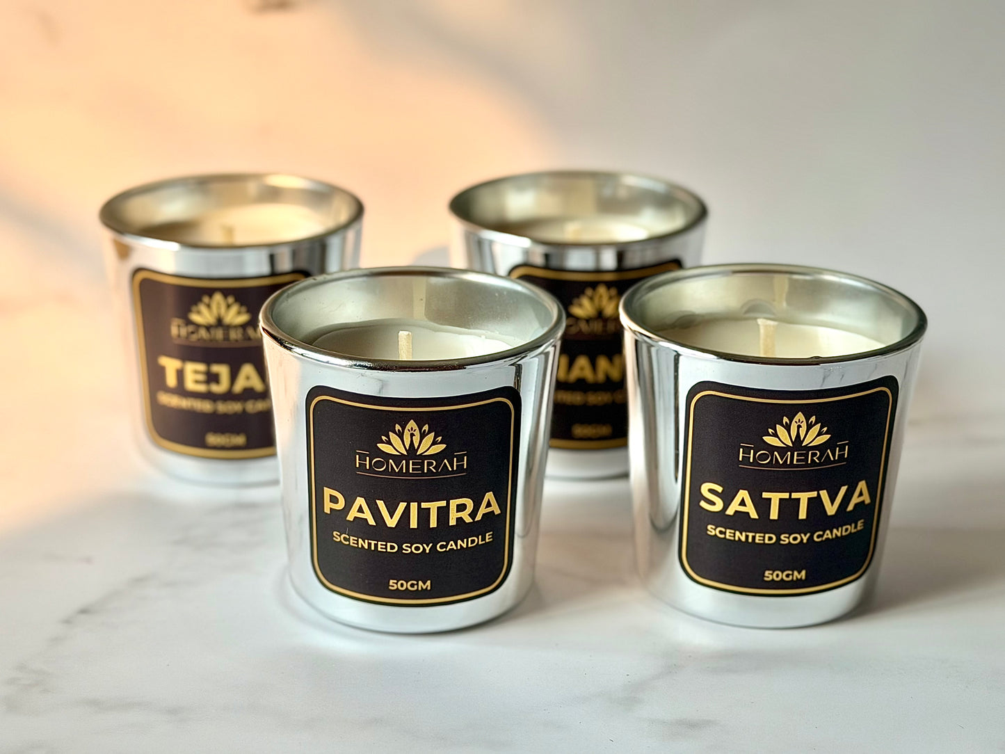 Homerah Light & Legacy Collection In Kalamkari Sea Trade Gift Box - Set of 4 Scented Soy Wax Luxury Candles - SATTVA (Lemongrass) x4