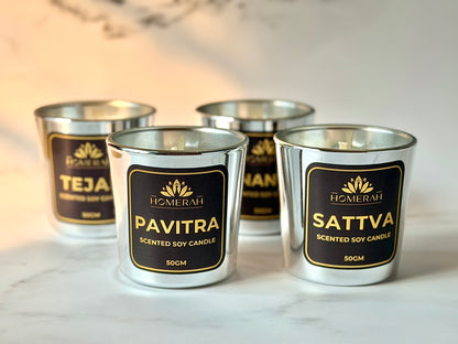 Homerah Light & Legacy Collection In Kalamkari Sea Trade Gift Box - Set of 4 Assorted Scented Soy Wax Luxury Candles - SATTVA (Lemongrass) x1, PAVITRA (Eucalyptus) x1 , TEJAS (Spices of India) x1, ANANDA (Honey & Rose) x1