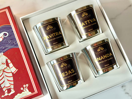 Homerah Light & Legacy Collection In Kalamkari Sea Trade Gift Box - Set of 4 Assorted Scented Soy Wax Luxury Candles - SATTVA (Lemongrass) x1, PAVITRA (Eucalyptus) x1 , TEJAS (Spices of India) x1, ANANDA (Honey & Rose) x1